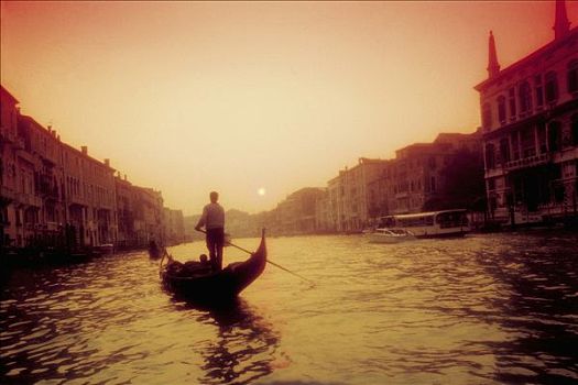 平底船船夫,划船,小船,运河,大运河,威尼斯,威尼托,意大利