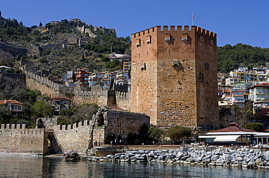 土耳其,阿兰亚,南海岸,港口,红色,塔,地标,城镇,背景,城堡山,老城墙