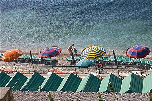 俯拍,海滩伞,沙滩椅,海洋,海滩,卡普里岛,坎帕尼亚区,意大利