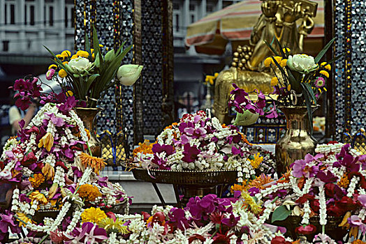 泰国,曼谷,神祠,供品,花环