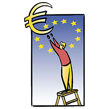 男人,梯子,欧元标志