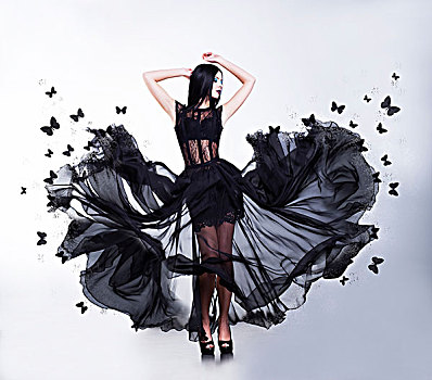 晃动,情色,女人,黑色,摆动,连衣裙,蝴蝶