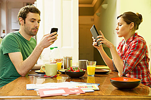 男人,智能手机,女人,早餐