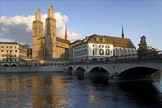 历史,中心,苏黎世,利马特河,桥,罗马式大教堂,大教堂,教堂,瑞士,欧洲