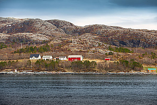 传统,挪威,小,乡村,彩色,木屋,海岸