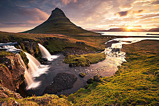 冰岛,斯奈山半岛,瀑布,山,海洋