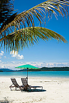 折叠躺椅,伞,白色背景,沙滩,棕榈树,远眺,蓝色海洋,海滩,兰卡威,马来西亚,东南亚