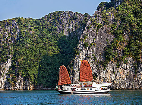 越南,广宁省,下龙湾,旅游,帆船,锚定,两个,石灰岩,岛屿,壮观,世界遗产
