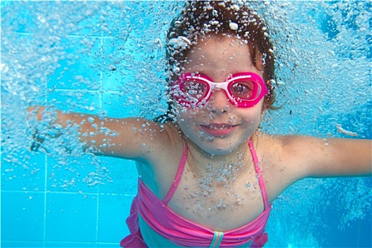 水下,小女孩,粉色,比基尼,蓝色,游泳池