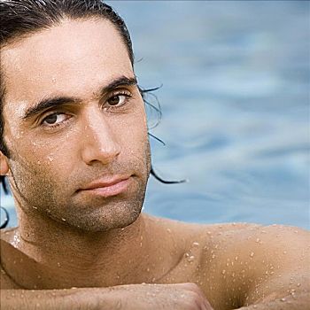 肖像,中年,男人,游泳池