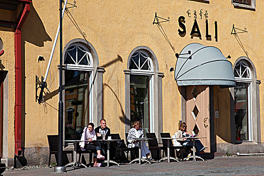 芬兰,区域,老,中世纪,市政厅,广场,市场,露天咖啡馆