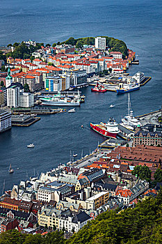 航拍,港口,天际线,卑尔根,霍达兰,挪威