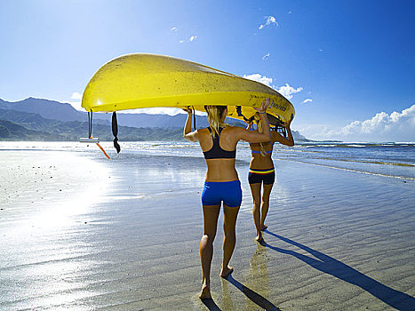 夏威夷,考艾岛,湾,两个,动作,女青年,漂流,海洋