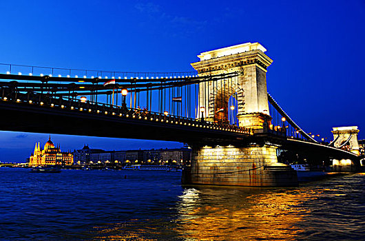 链索桥,匈牙利,议会,建筑,布达佩斯,夜晚