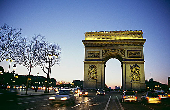 拱形,黄昏,交通,巴黎