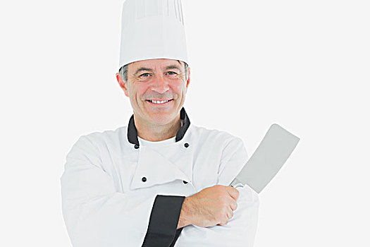 头像,高兴,男性,厨师,拿着,厨刀,上方,白色背景