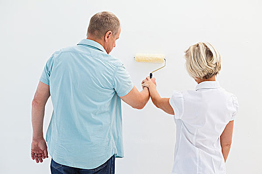高兴,老年,夫妻,上油漆,白墙