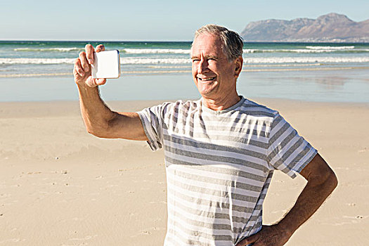 高兴,老人,摄影,手机,海滩,晴天
