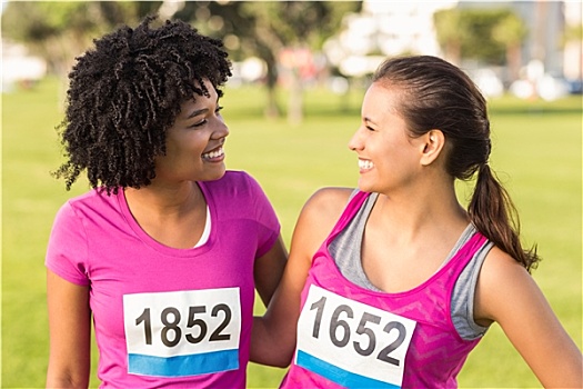 两个,微笑,跑步,支持,乳腺癌,马拉松