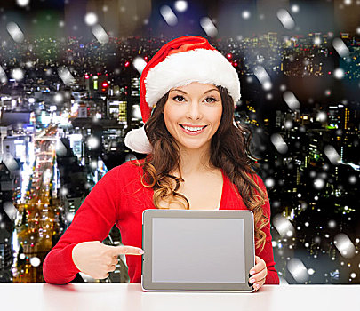 圣诞节,休假,科技,人,概念,微笑,女人,圣诞老人,帽子,平板电脑,电脑,上方,雪,夜晚,城市,背景
