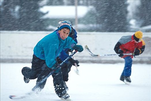 孩子,玩,冰球,冰,滑冰场,冬天,俯视