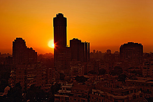 日落,后面,高,公寓楼,开罗,埃及