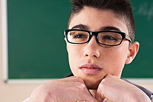 男孩,穿,眼镜,教室