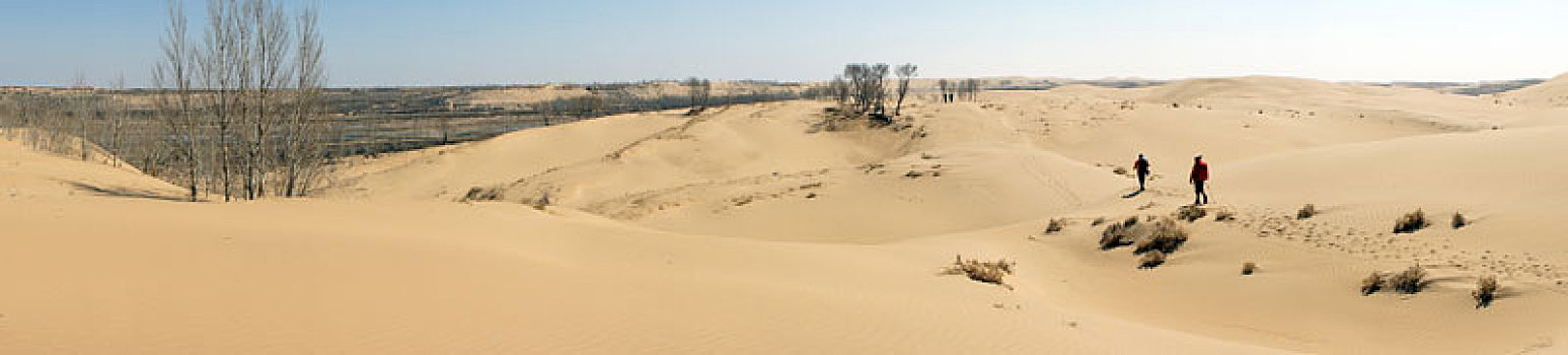 库布奇沙漠上的徒步者
