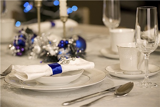 优雅,蓝色,白色,圣诞桌,布置,烛光,圣诞节