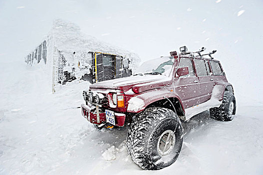 吉普车,正面,积雪,冰冻,小屋,冰岛,高地,欧洲