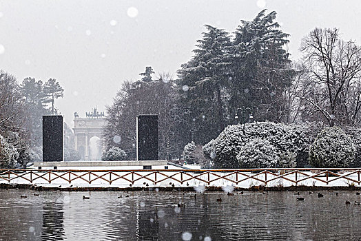 下雪,公园,拱形,平和,背景,米兰,伦巴第,意大利北部,意大利