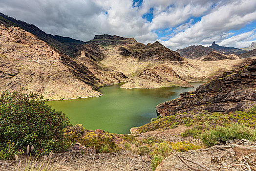 水库,绿色,湖,山,火山口,风暴,区域,大卡纳利岛,加纳利群岛,西班牙,欧洲