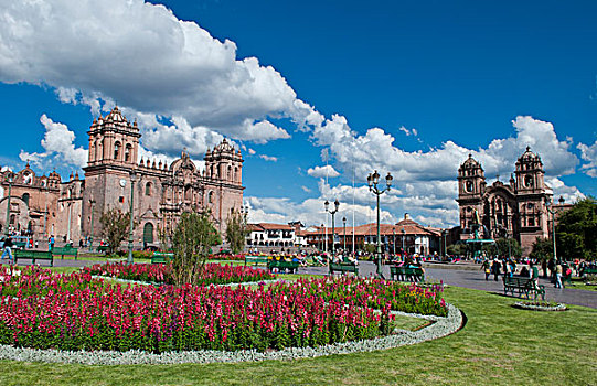 漂亮,视觉,图像,大广场,花,阳光,库斯科,库斯科市,秘鲁,大教堂,教堂
