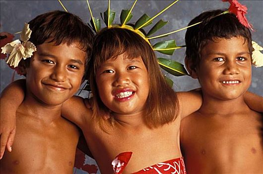 夏威夷,玻利尼西亚人,孩子,两个男孩,一个,女孩,微笑,木槿,毛发