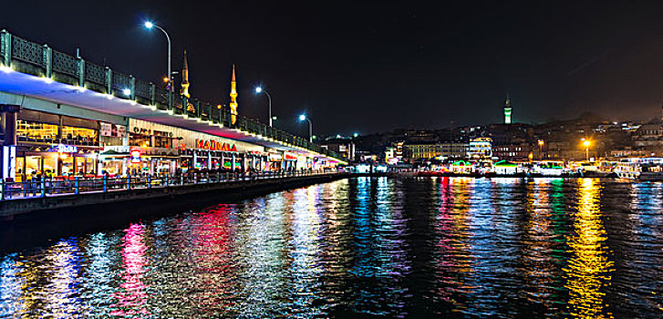 加拉达塔,桥,夜晚,餐饮摊,金角湾,博斯普鲁斯海峡,伊斯坦布尔,欧洲,土耳其,亚洲