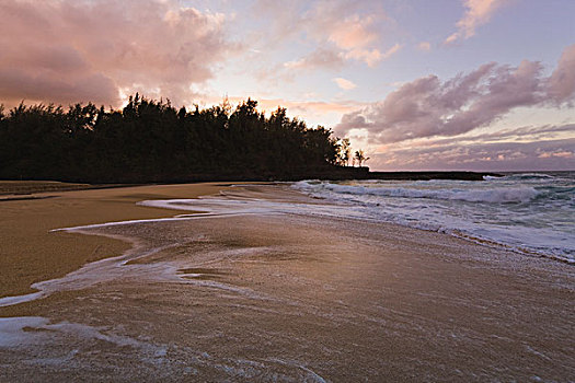 考艾岛,夏威夷,美国,波浪,洗,上方,海滩,日落