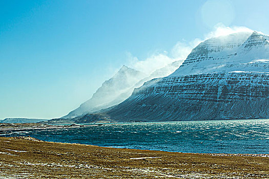 雪,山景,东方,冰岛