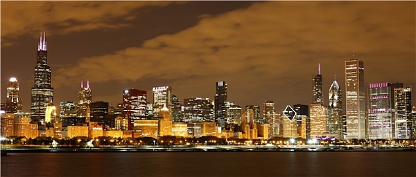 芝加哥,夜晚,全景
