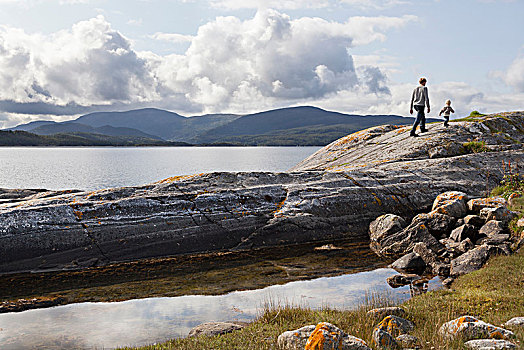 男人,儿子,走,峡湾,岩石构造,挪威