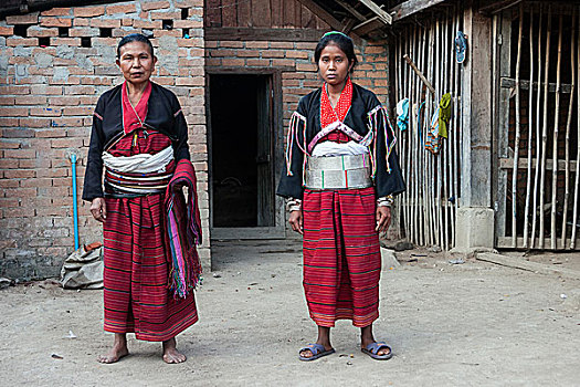 两个,女人,部落,特色,衣服,靠近,钳,掸邦,金三角,缅甸,亚洲