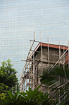 竹子,脚手架,建筑,玻璃幕墙,摩天大楼,背景