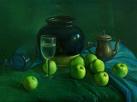 油画,静物,酒杯,青苹果,壶,坛子
