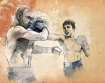 插画,图像,两个,拳击手,争斗