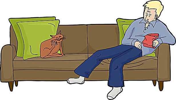 隔绝,男人,双人沙发,猫