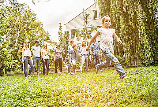 女孩,跑,花园,家庭,背景