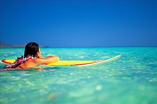 夏威夷,瓦胡岛,女人,休息,冲浪板,向外看,清晰,凫蓝,水