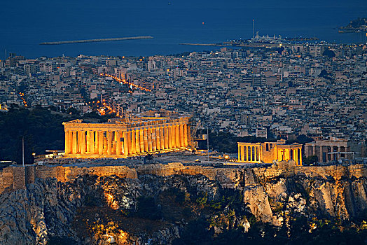 雅典,天际线,山,夜晚
