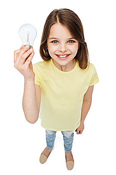 电,教育,人,概念,微笑,小女孩,拿着,电灯泡