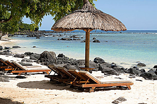 海滩伞,太阳椅,岩石,热带沙滩,毛里求斯,非洲
