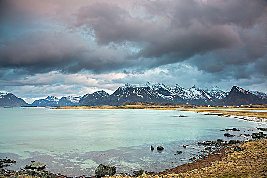 山,风景,后面,海洋,罗弗敦群岛,挪威